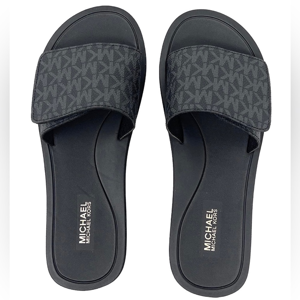 Michael Kors MK Signature Logo Print Wade Slides (Black,8)